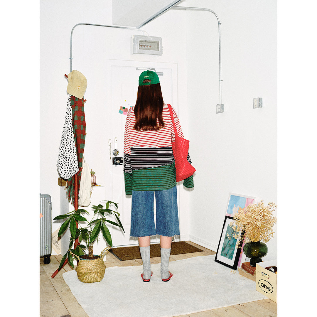 Unisex Lässiges Oversize Langarmshirt mit Blockstreifen aus Baumwollmix Drune