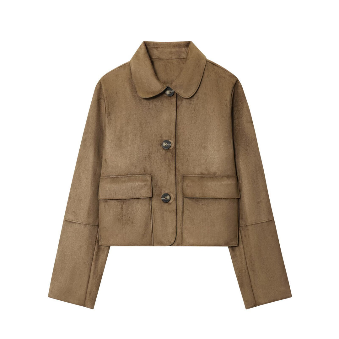 Damen kurze Utility-Jacke mit großen Taschen und modischem Kragen Drune