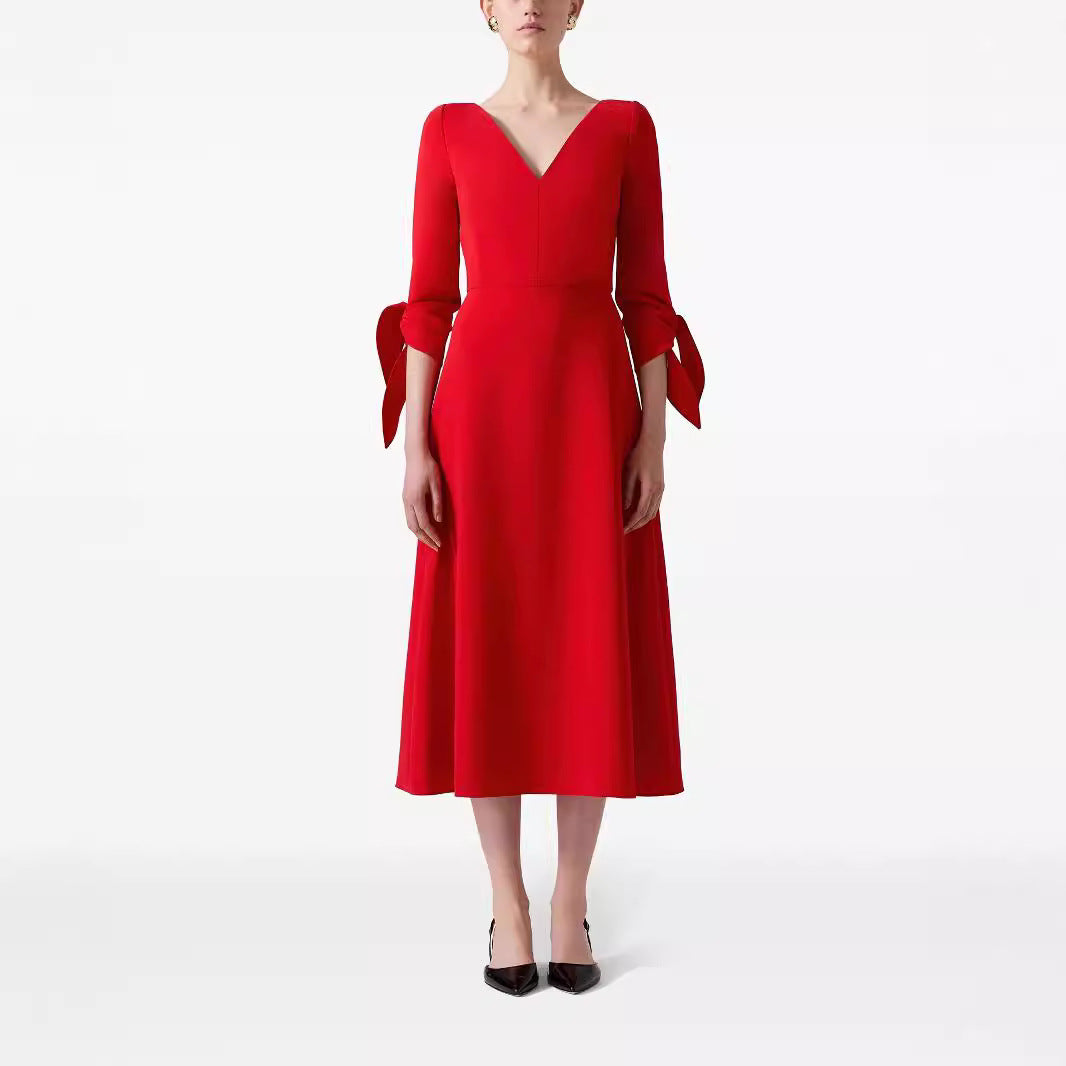 Damen Tailliertes Midikleid mit V-Ausschnitt und Schleifenmanschetten Drune
