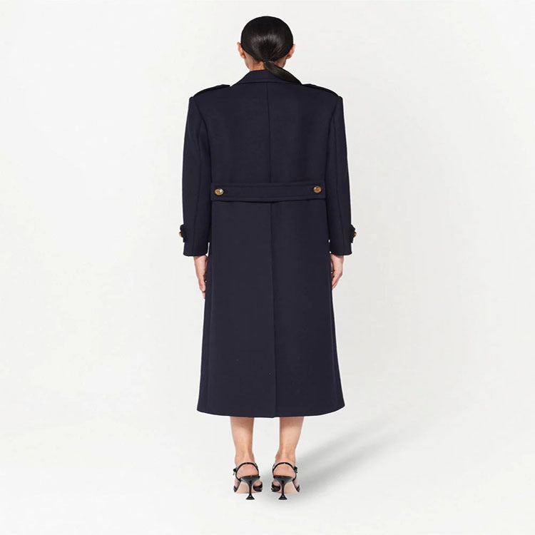Damen Doppelreihiger militärinspirierter Maxi‑Wollmantel mit Epauletten und Zierriegeln Drune