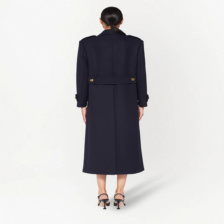 Damen Doppelreihiger militärinspirierter Maxi‑Wollmantel mit Epauletten und Zierriegeln Drune