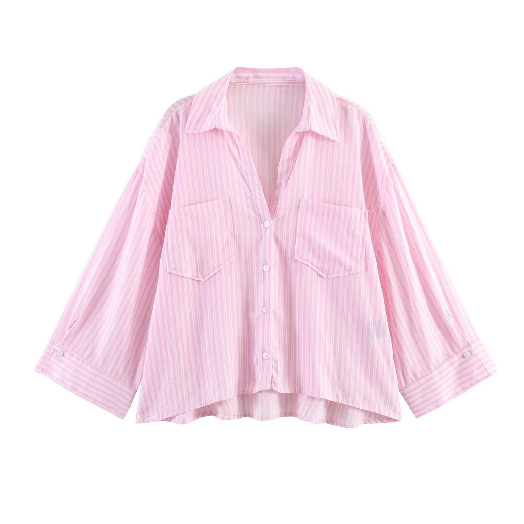 Damen Oversize-Hemdbluse mit großen Brusttaschen, überschnittener Schulter und High‑Low‑Saum Drune