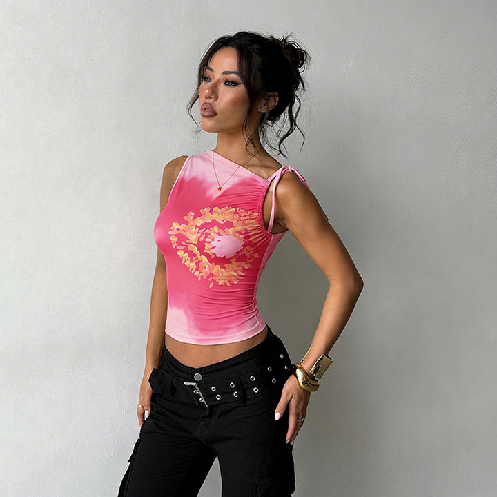 Damen figurbetontes Tanktop mit floralem Muster und feinen Rüschendetails Drune