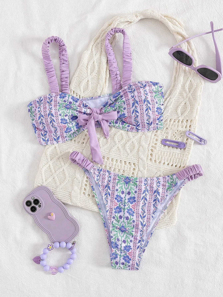 Damen Bandeau-Bikini mit floralem Design und verspielten Rüschen Drune