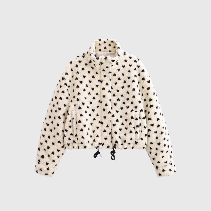 Damen Kurze Teddyjacke aus Sherpa‑Fleece mit Herzchenprint und Tunnelzug Drune