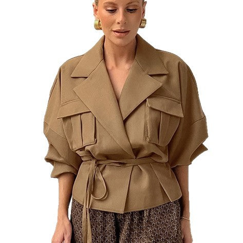 Damen Elegante Utility-Jacke mit Taillengürtel und praktischen Taschen Drune