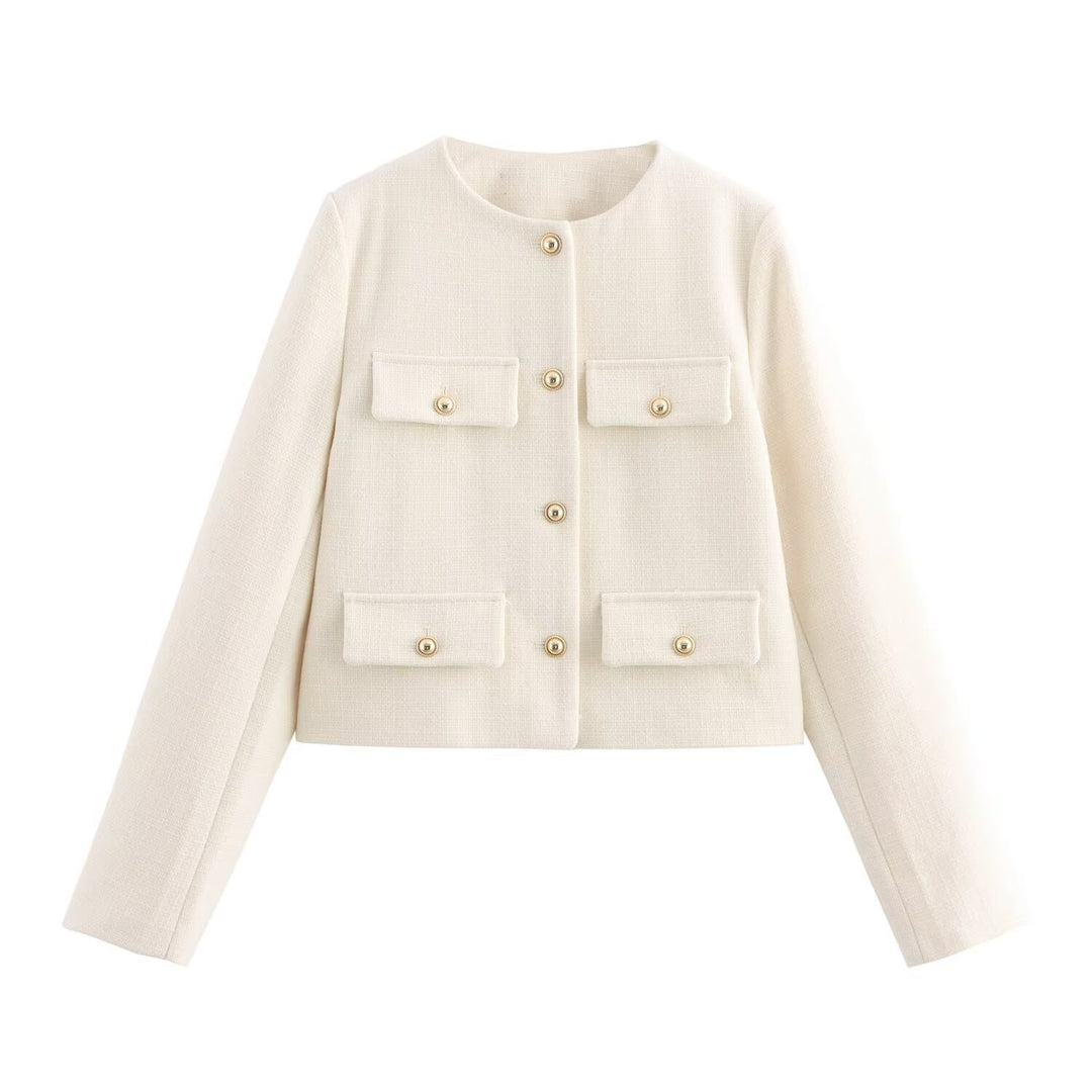 Damen Kurze Bouclé-Blazerjacke mit Rundhalsausschnitt, Zierleistentaschen und goldfarbenen Knöpfen Drune