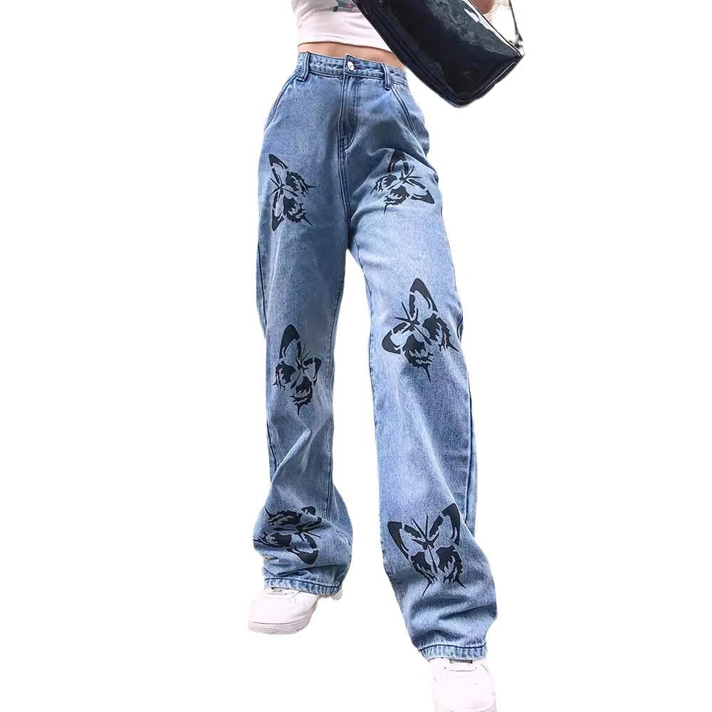 Damen nan weite High-Waist-Jeans mit Gothic-Schmetterlingsprint und entspanntem Straight-Leg Drune