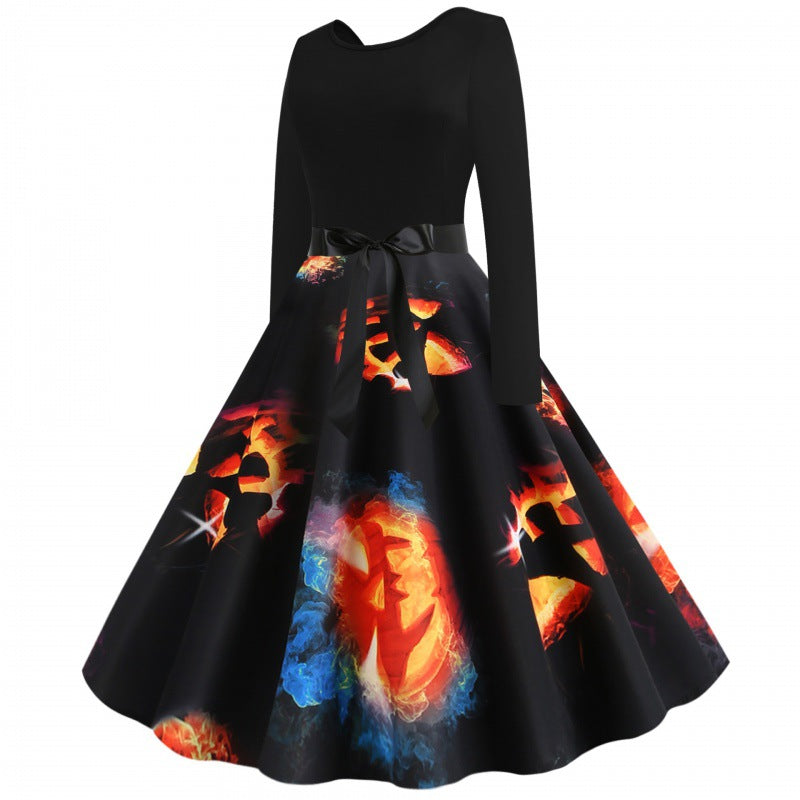 Damen Vintage-inspiriertes A-Linien-Kleid mit Kürbis-Print und Taillenschleife Drune