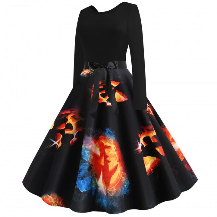 Damen Vintage-inspiriertes A-Linien-Kleid mit Kürbis-Print und Taillenschleife Drune