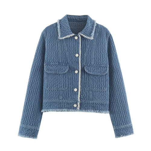 Damen Kurz geschnittene Bouclé-Tweed-Boxy-Jacke mit Fransenbesatz und aufgesetzten Klappentaschen Drune