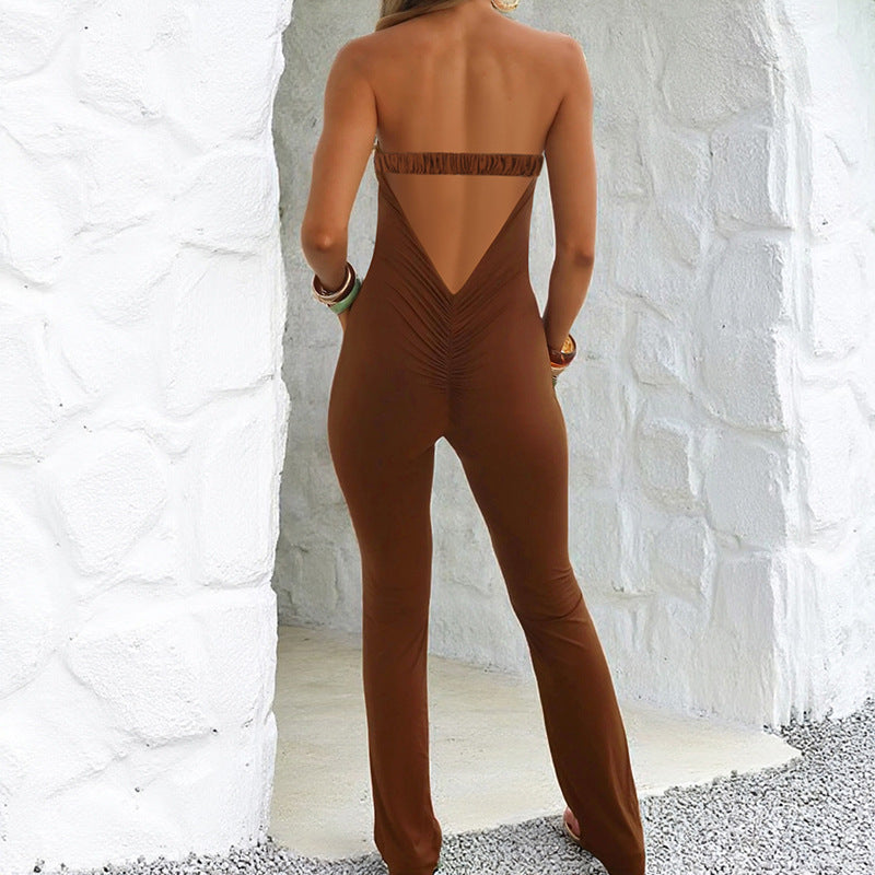 Damen eleganter schulterfreier Jumpsuit mit tiefem Schlüssel-Ausschnitt und figurbetontem Schnitt Drune