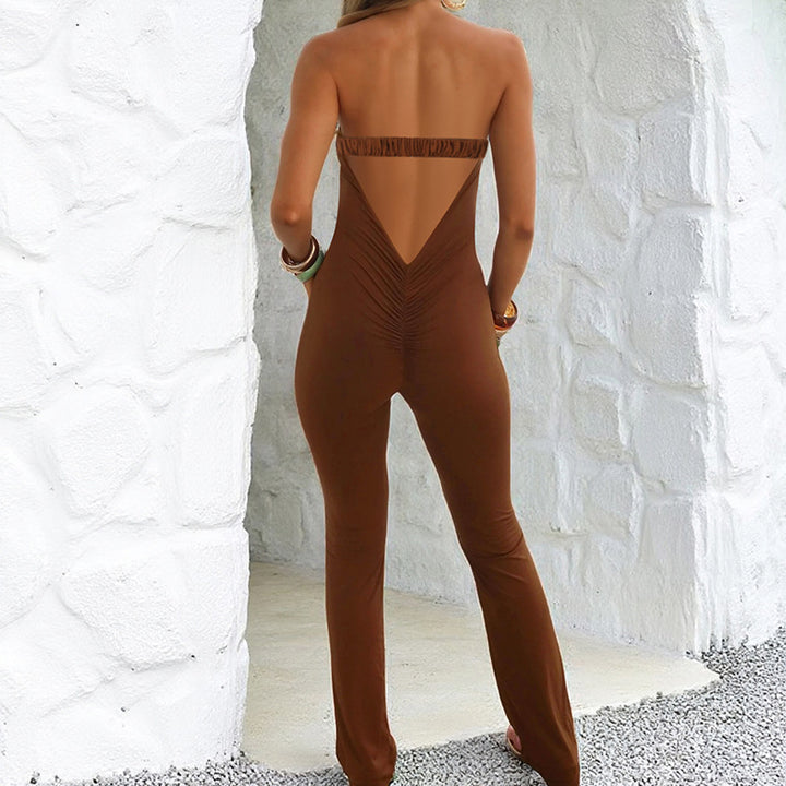 Damen eleganter schulterfreier Jumpsuit mit tiefem Schlüssel-Ausschnitt und figurbetontem Schnitt Drune