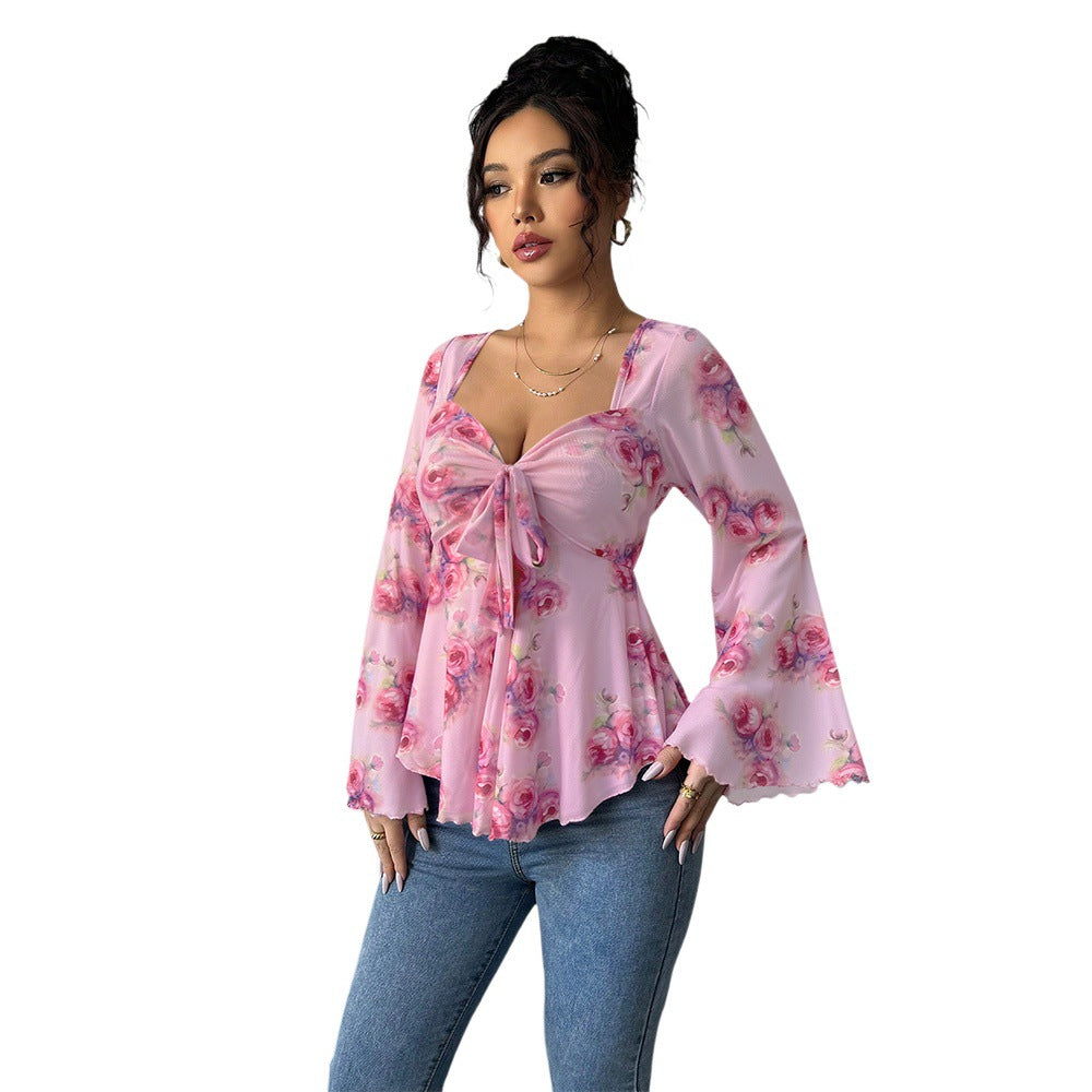 Damen florales Chiffon-Top mit Bindeschleife, Herzausschnitt, ausgestellten Glockenärmeln und tailliertem Schößchen Drune