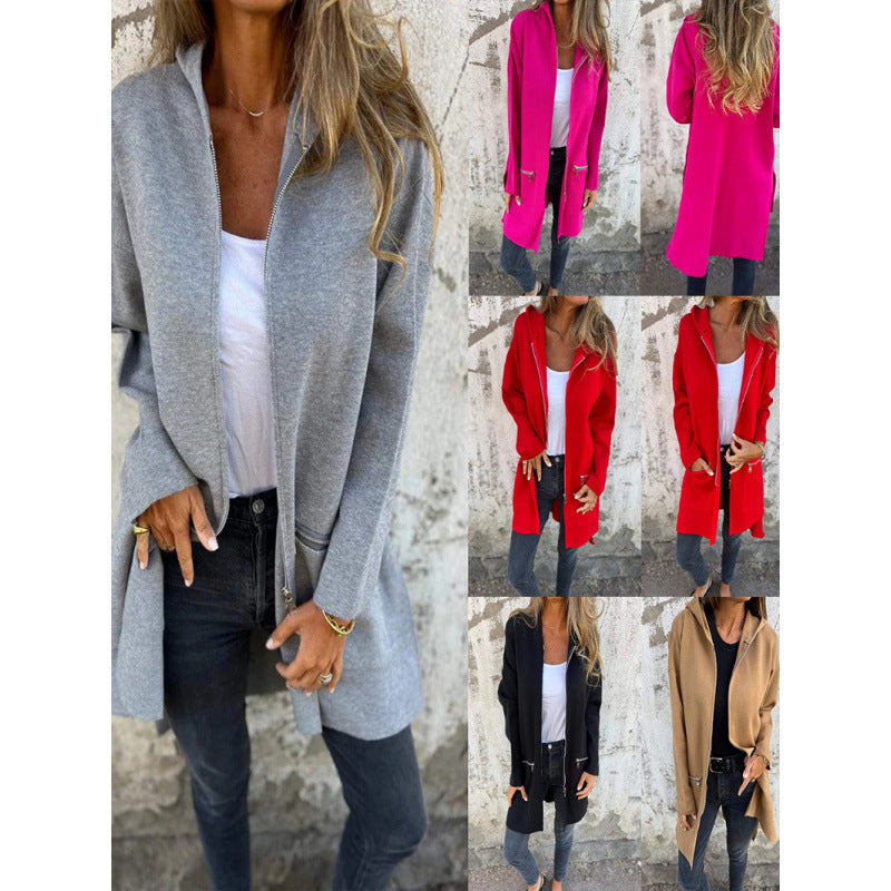 Damen Mittellanger Mantel mit durchgehendem Reißverschluss und Zipper-Taschendetails Drune