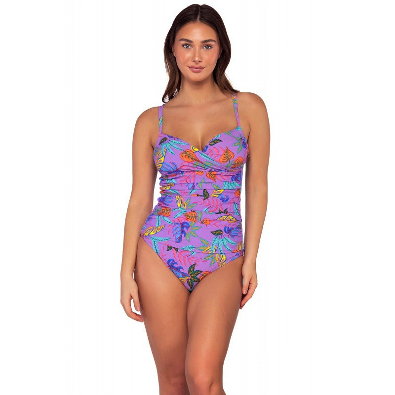 Damen Einteiliger Badeanzug mit floralem Wickeldesign und verstellbaren Trägern Drune
