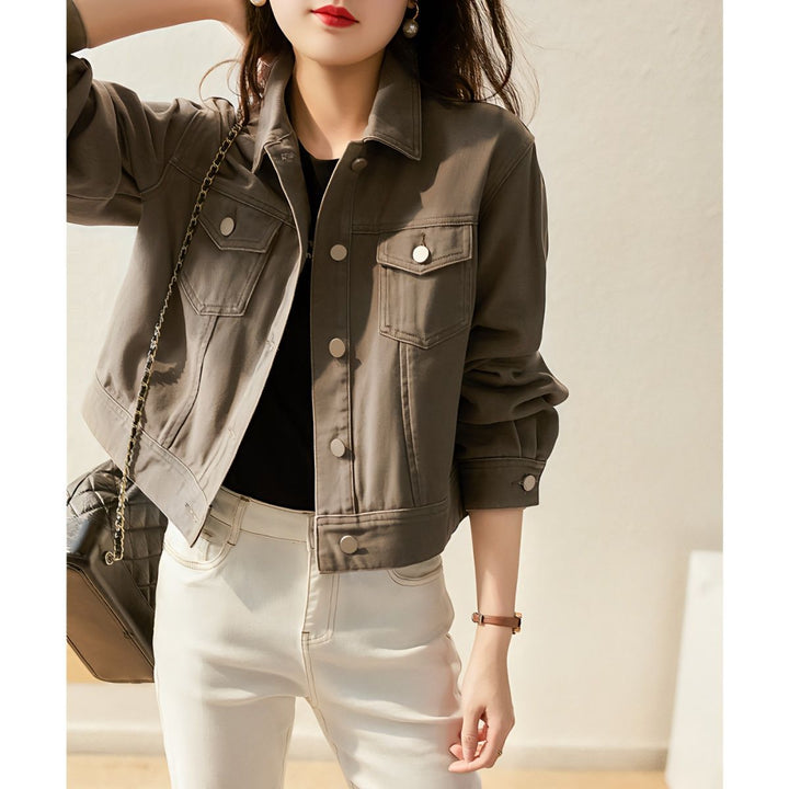Damen Kurzjacke aus strapazierfähigem Denim mit modischen Druckknöpfen Drune