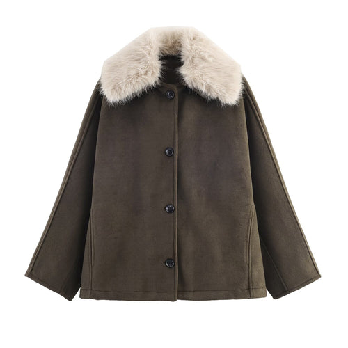 Damen eleganter Oversized-Mantel mit abnehmbarem Kunstfellkragen Drune