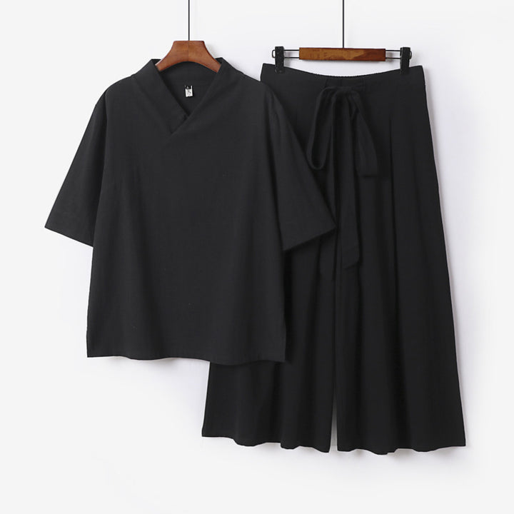 Damen Weites Kimono-Loungewear-Set mit V-Ausschnitt und Culotte-Hose Drune