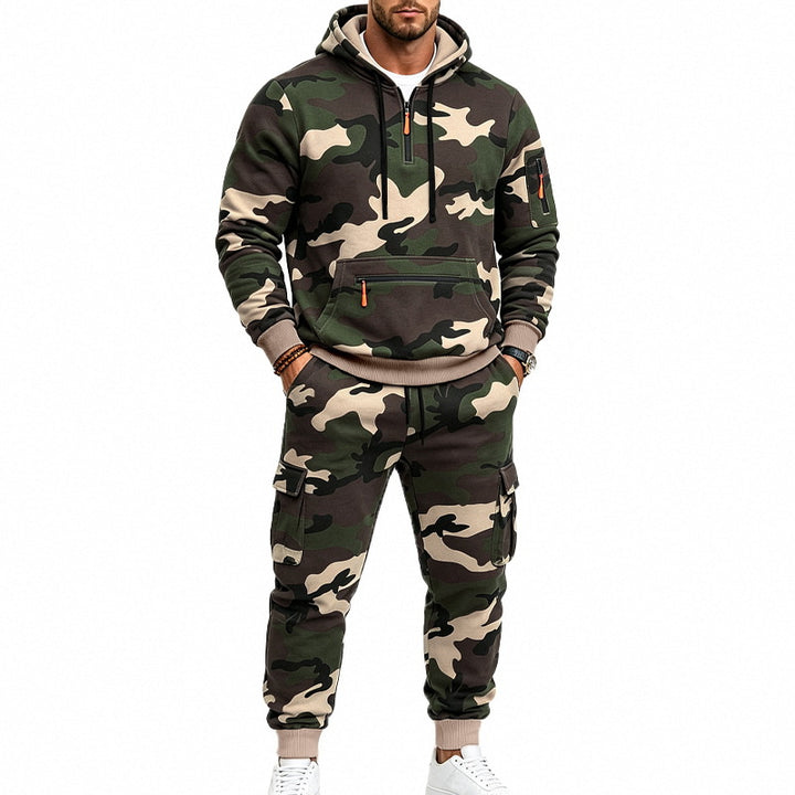Herren Camouflage Kapuzensweatshirt- und Jogginghose Set mit Cargo-Taschen und Reißverschlüssen Drune