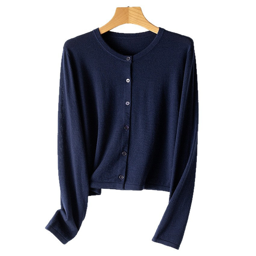 Damen leichte kurz geschnittene Feinstrick-Cardigan mit Rundhalsausschnitt und Knopfleiste Drune