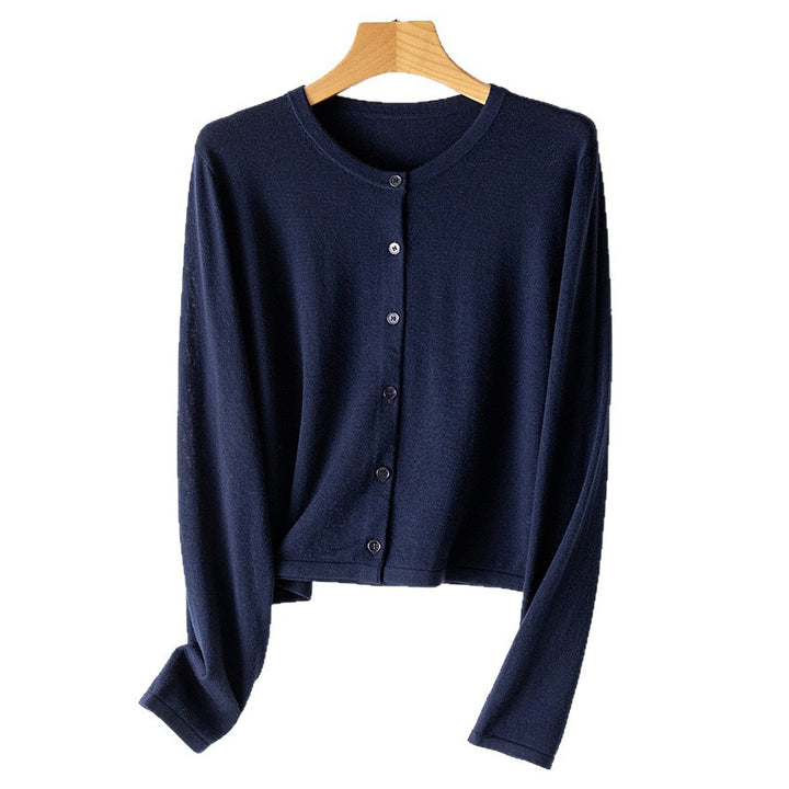 Damen leichte kurz geschnittene Feinstrick-Cardigan mit Rundhalsausschnitt und Knopfleiste Drune