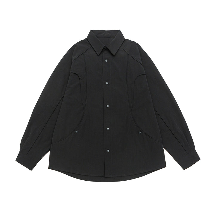 Damen Oversize-Hemdjacke mit abgerundeten Eingrifftaschen und Druckknöpfen Drune