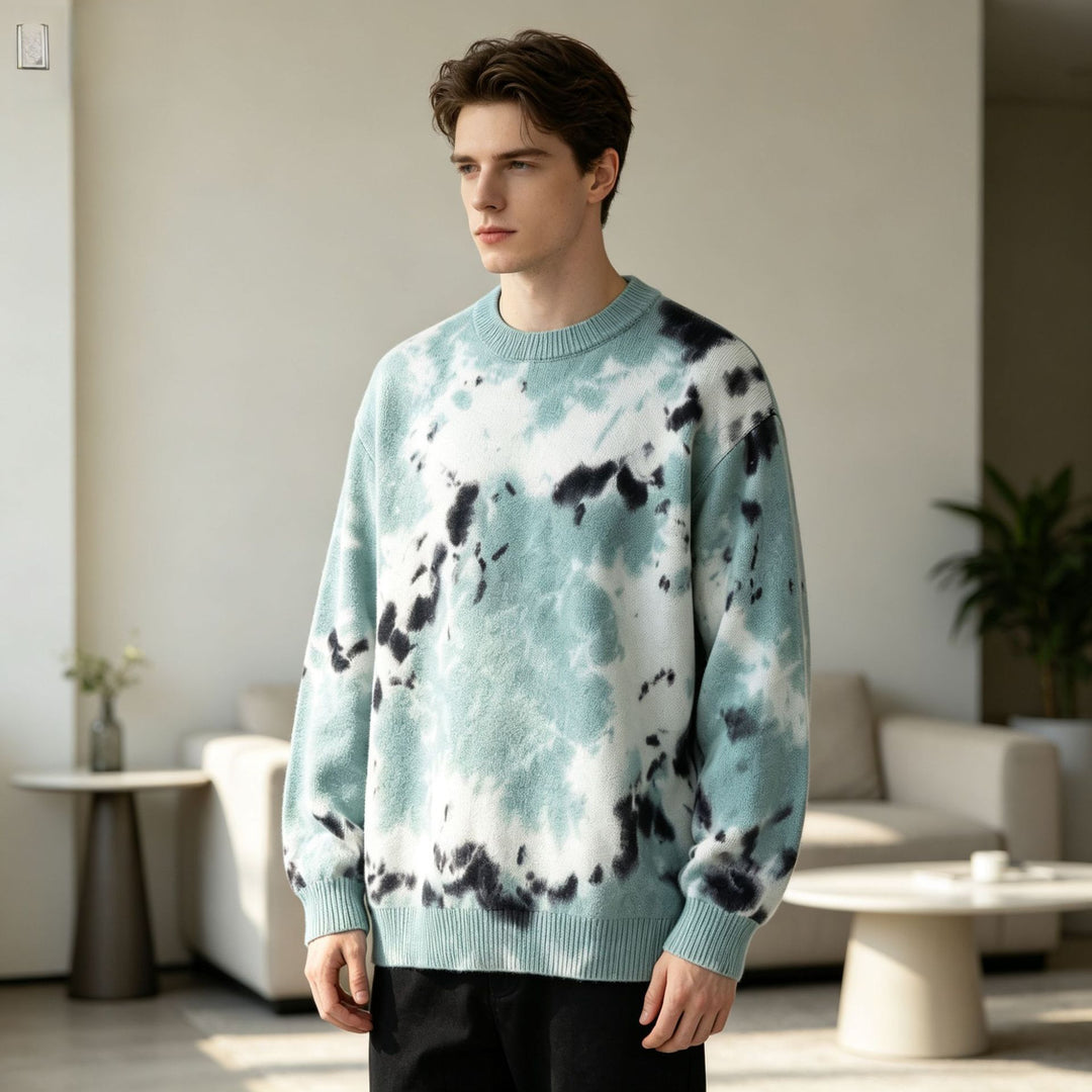 Herren Oversized Batik-Pullover mit Rundhalsausschnitt und Rippbündchen Drune