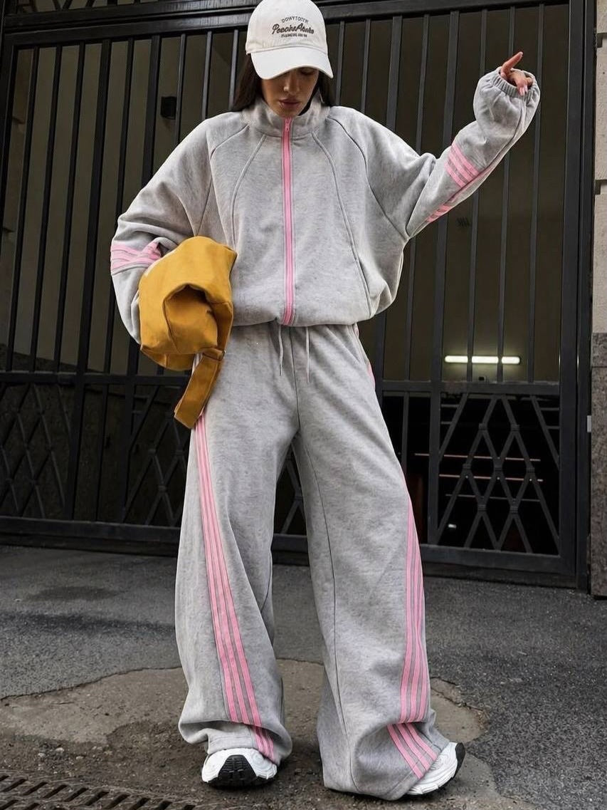 Damen weites Jogginganzug-Set aus Baumwollfleece mit Reißverschluss und seitlichen Kontraststreifen Drune
