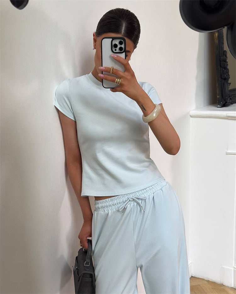 Damen figurnahes Kurzarm-Rippshirt und elastische High-Waist-Loungehose Set Drune