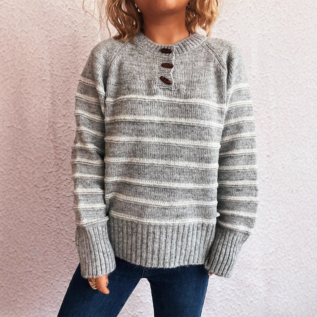 Damen gemusterter Strickpullover mit Knopfdetails und weitem Hals Drune