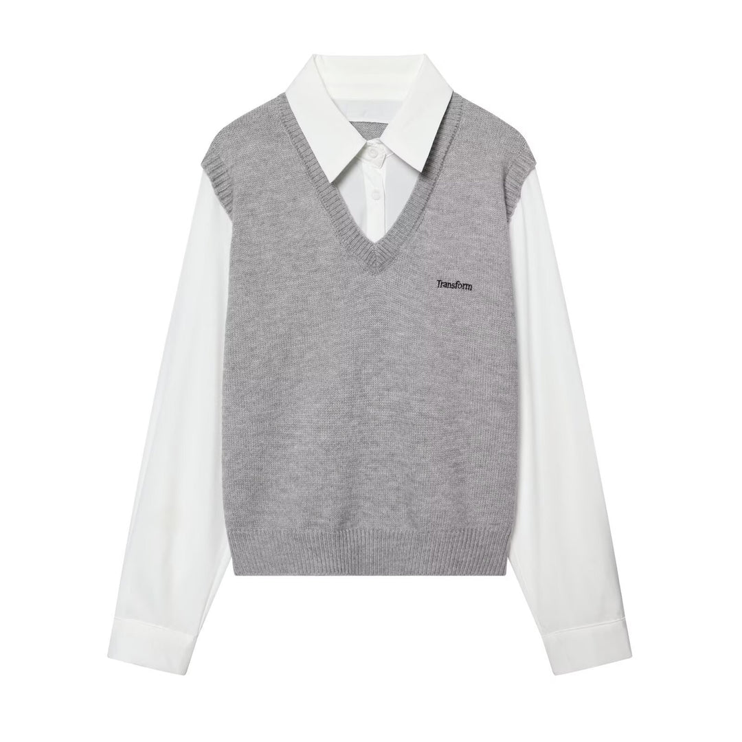Damen Lagenlook-Hemd mit V-Ausschnitt Strickweste Drune