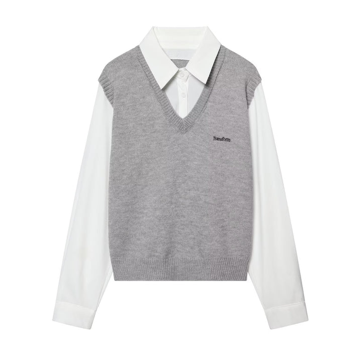 Damen Lagenlook-Hemd mit V-Ausschnitt Strickweste Drune