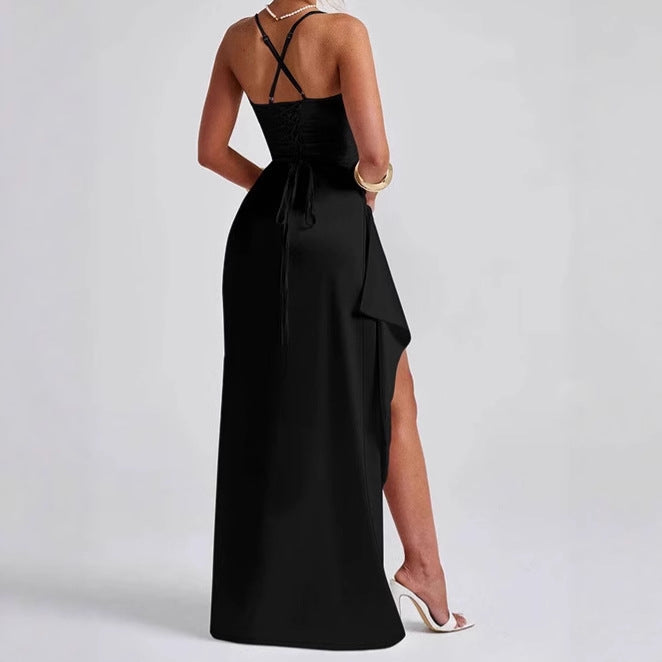 Damen Elegantes Maxikleid mit seitlichem Schlitz und raffinierten Spaghetti-Trägern Drune