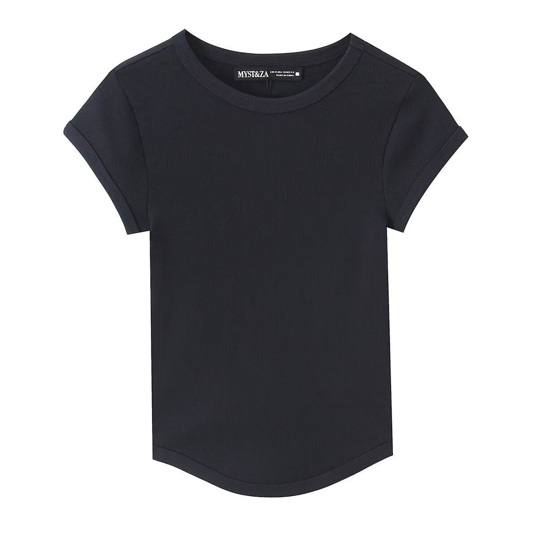 Damen hochwertiges, figurbetontes Basic-T-Shirt mit feiner Rippstruktur Drune