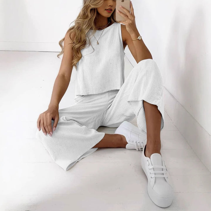Damen Lässiges Zweiteiliges Set aus weichem Leinenstoff mit weitem Schnitt und elastischem Bund Drune