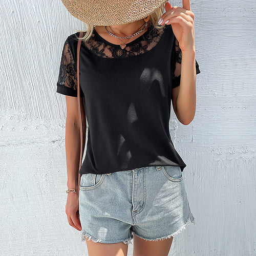 Damen T-Shirt mit eleganten Spitzenärmeln und lässigem Schnitt Drune