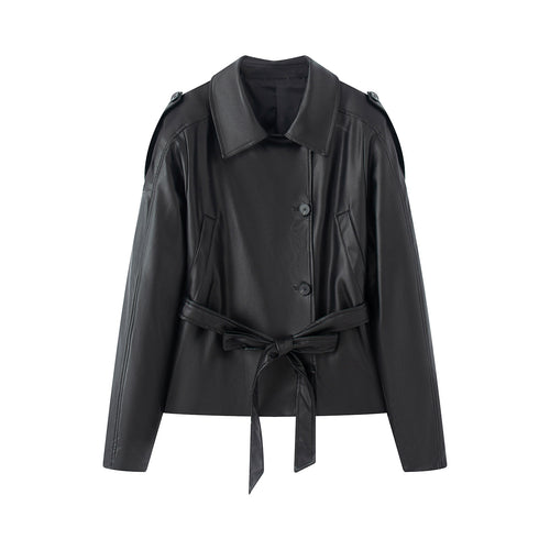 Damen nan kurz geschnittene Trench-Optik Kunstlederjacke mit Bindegürtel und Schulterpatten Drune