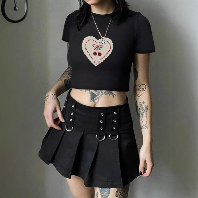 Damen Crop-T-Shirt mit verspieltem Kirschmotiv und elegantem Schleifenprint Drune
