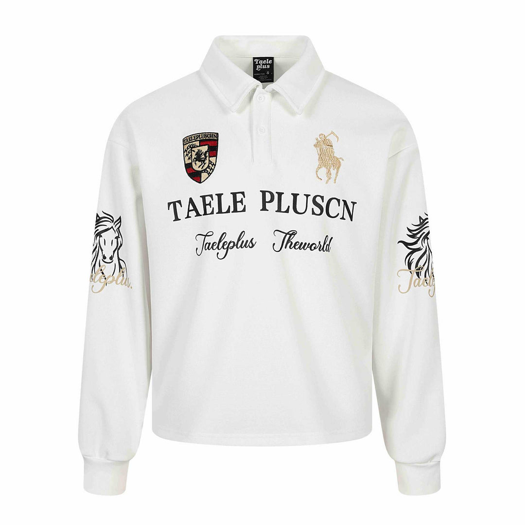 Unisex Langärmeliges Rugby-Poloshirt mit Stickereien und Kentkragen Drune