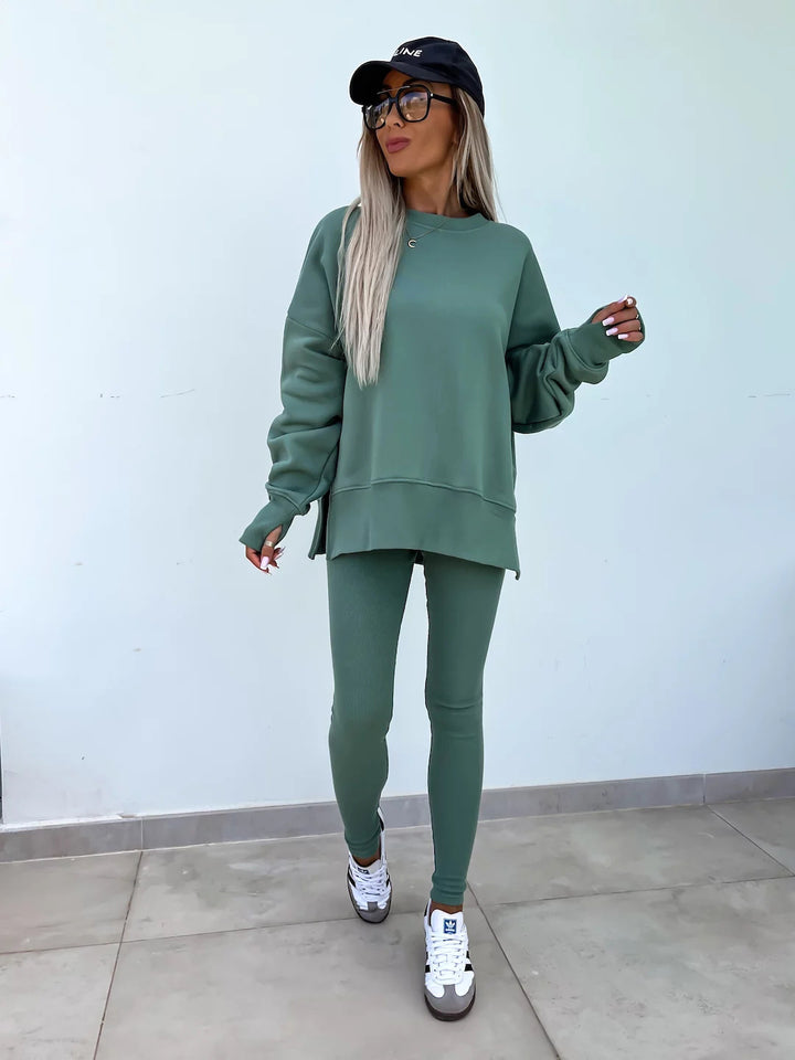 Damen komfortables Oversize-Lounge-Set mit langem Sweatshirt, gerippten High-Waist-Leggings und verlängerten Bündchen Drune