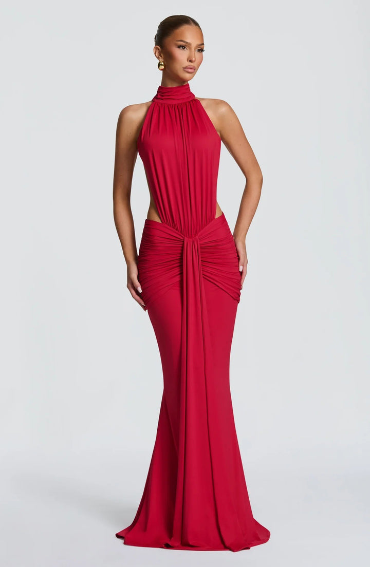 Damen Figurbetontes Abendkleid mit Raffungen und hochgeschlossenem Kragen Drune