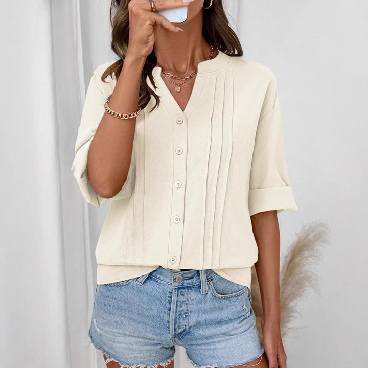 Damen Lockeres Tunikashirt mit Kellerfalten und dreiviertel Ärmeln Drune