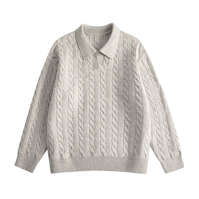 Damen Oversize Kabelstrick-Polo-Pullover mit V‑Ausschnitt und geripptem Saum Drune