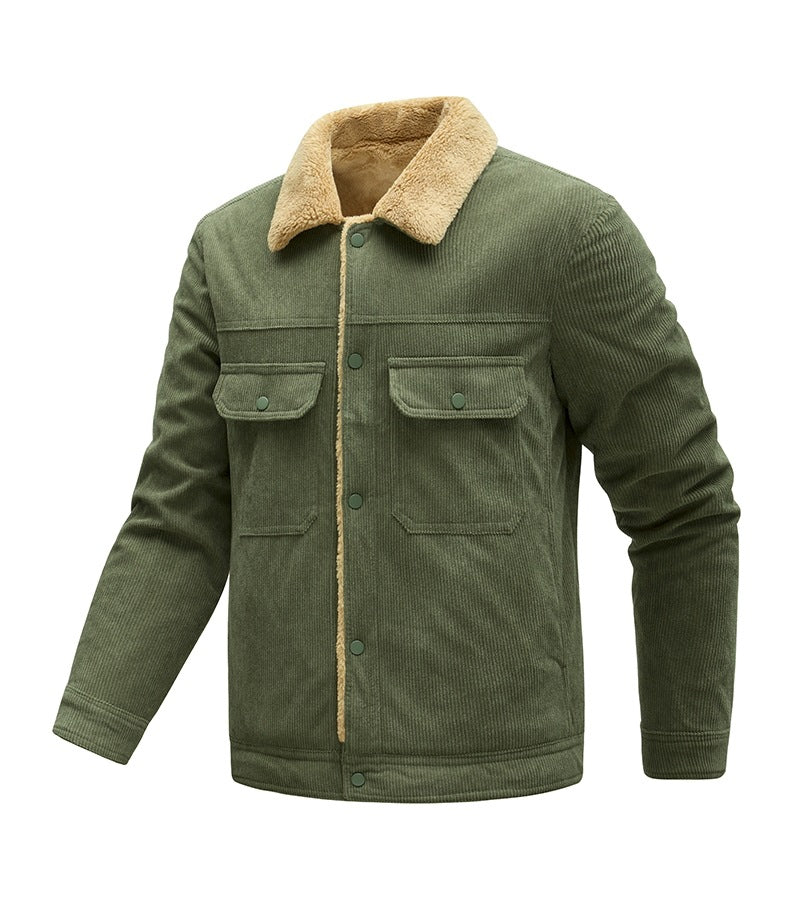 Herren Kordjacke mit Teddyfutter, Kunstfellkragen und Druckknopftaschen Drune