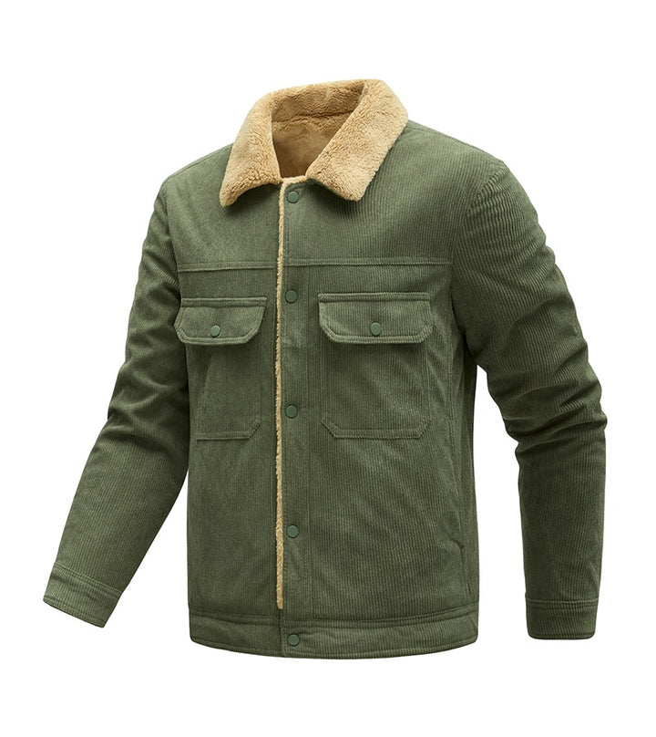 Herren Kordjacke mit Teddyfutter, Kunstfellkragen und Druckknopftaschen Drune