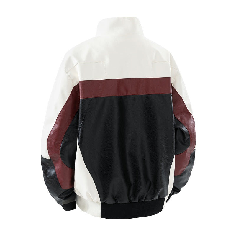 Herren Lederimitat-Bomberjacke im Colorblock-Stil mit Stehkragen, Zwei-Wege-Reißverschluss und elastischen Bündchen Drune