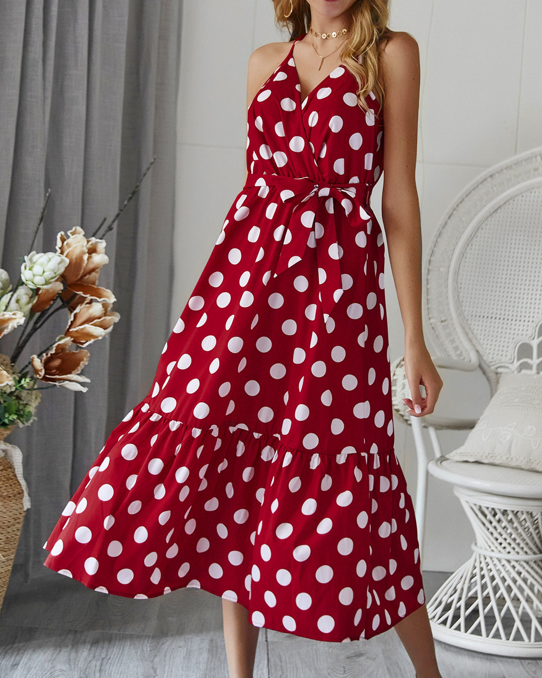 Damen Maxikleid mit Polka-Dots und Rüschen von Drune
