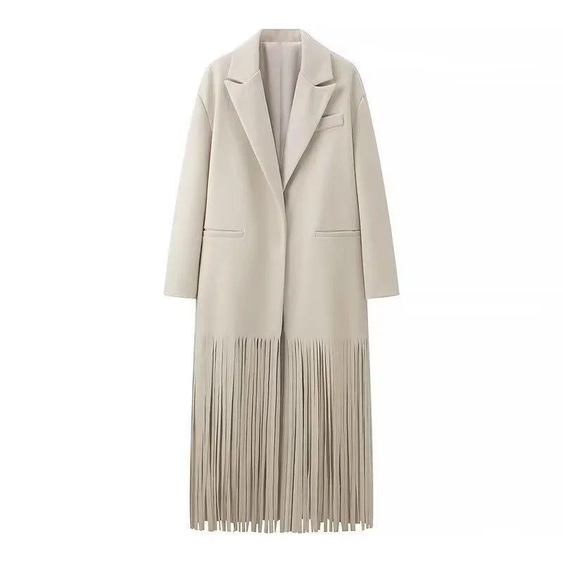 Damen 10+ langer Oversize‑Mantel mit Fransenbesatz und kastiger Silhouette Drune