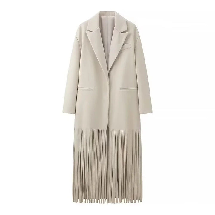 Damen 10+ langer Oversize‑Mantel mit Fransenbesatz und kastiger Silhouette Drune